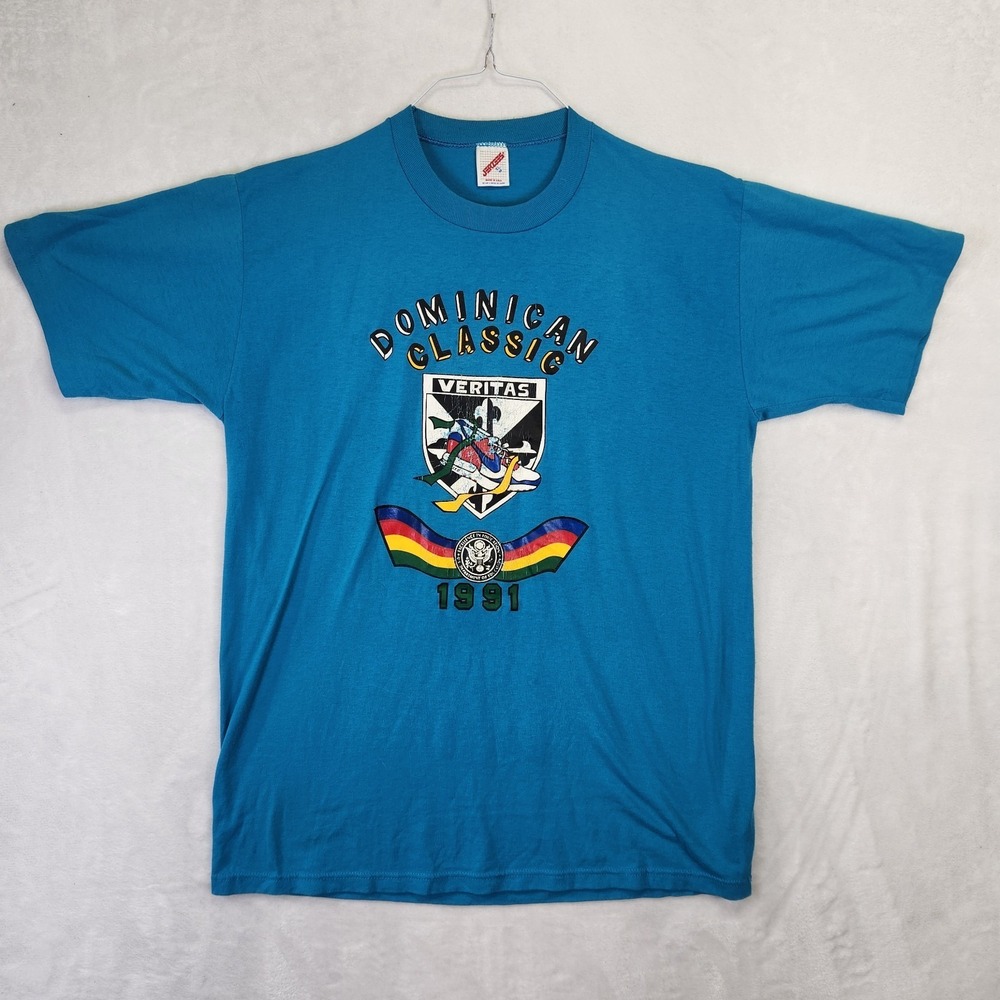 Vintage 1991 Dominican Classic T Shirt Mens XL Jerzees Made USA Blue Graphic Tee